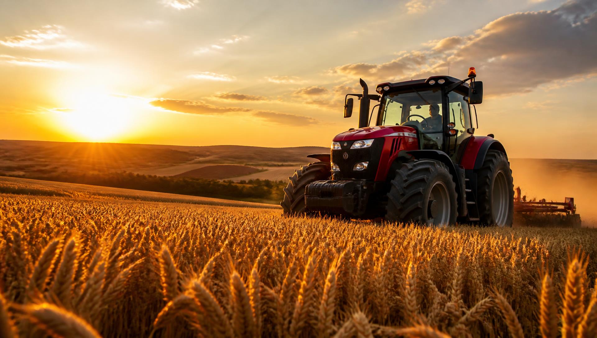 Tractor lucrând un lan de grâu la apus